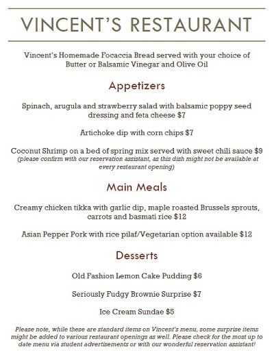 Vincent's menu