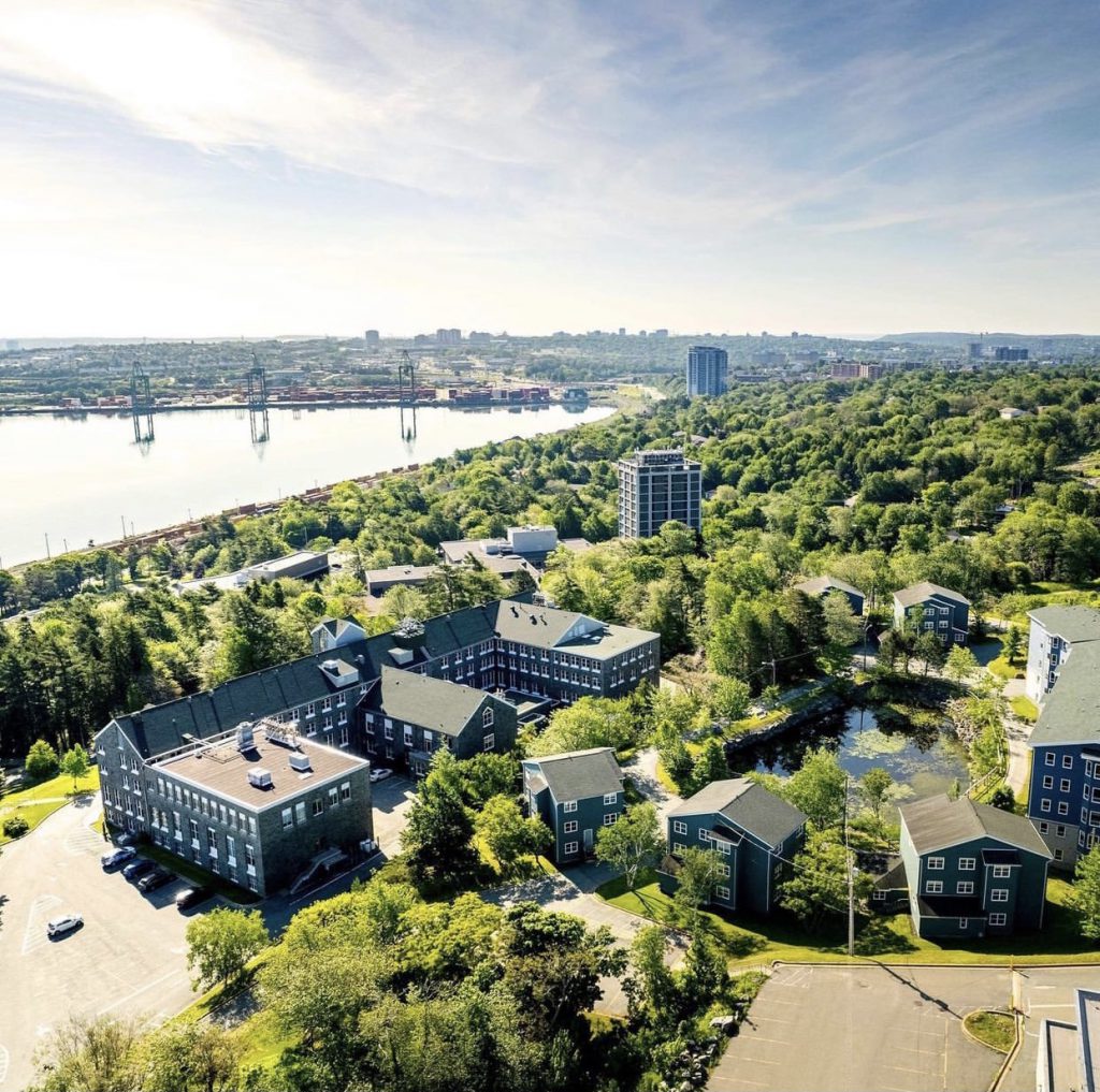 Aerial view of the MSVU campus overlooking the Bedford Basin.