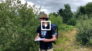 man in the forrest wearing a backpack and hat