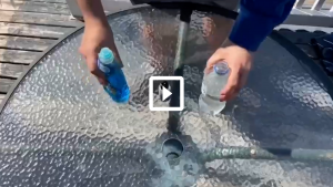 person holding a bottle of water and a bottle of dish soap for a science experiment