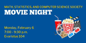 Blue background with graphic of popcorn and other movie-related items. Text about MCSS Movie Night listed in caption.