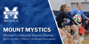 Photo of two volleyball players with text Mount Mystics Women's Volleyball Season Opener