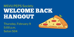 Pizza graphic on blue background. PEPS Welcome Back Social.