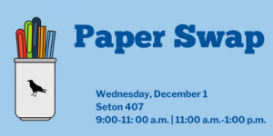 Paper swap event tile. Blue background with graphic of pens in cup. Details about event in caption below.