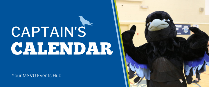 Picture of mascot Captain Crow and text Captain's Calendar - Your MSVU Events Hub