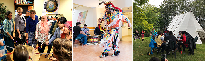 Collage: drumming, Indigenous dancing, Treaty Day celebration