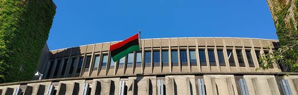 The Pan-African flag displayed outside of Evaristus