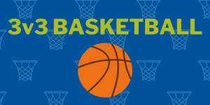 The image shows a blue background with multiple outlines of basketball hoops. In the center, there is an orange basketball with black lines. Above the basketball, the text '3v3 BASKETBALL' is written in large green and yellow letters.