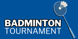 The image shows a blue background with the words 'BADMINTON TOURNAMENT' written in bold white and black letters. To the right of the text, there is an illustration of a badminton racket hitting a shuttlecock.