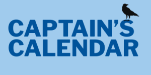 The image shows the words 'CAPTAIN'S CALENDAR' in bold, blue capital letters on a light blue background. A black silhouette of a bird is perched on the top right corner of the letter 'S' in 'CAPTAIN'S'.