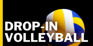 Close-up of a yellow, blue, and white volleyball against a black background with the words ‘Drop-In Volleyball’ in bold white letters.