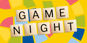 Wooden letter tiles spelling 'GAME NIGHT' on a colorful, abstract background with yellow, green, blue, and red shapes.