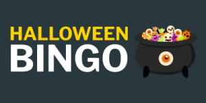 The image shows the words 'HALLOWEEN BINGO' in large, bold letters. 'HALLOWEEN' is written in yellow, and 'BINGO' is written in white. To the right of the text, there is a black cauldron with an orange eye on it. The cauldron is filled with various Halloween-themed candies and treats, including candy corn, lollipops, and chocolates decorated with spooky faces.