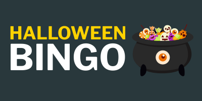 The image shows the words 'HALLOWEEN BINGO' in large, bold letters. 'HALLOWEEN' is written in yellow, and 'BINGO' is written in white. To the right of the text, there is a black cauldron with an orange eye on it. The cauldron is filled with various Halloween-themed candies and treats, including candy corn, lollipops, and chocolates decorated with spooky faces.
