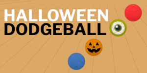 The image shows a wooden floor with the text 'HALLOWEEN DODGEBALL' written in large white and black letters. There are four objects resembling dodgeballs: a red ball, a green eyeball, an orange pumpkin face, and a blue ball.