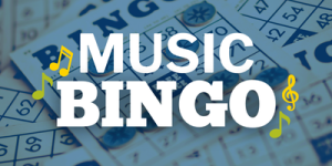 The image shows several bingo cards with numbers and blue markers on them. Overlaid on the bingo cards is the text 'MUSIC BINGO' in large white letters, with yellow musical notes and a treble clef symbol surrounding the text.