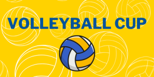 The image shows a bright yellow background with multiple white volleyball outlines. In the center, there is a colorful volleyball with blue, white, and yellow sections. Above the central volleyball, the text 'VOLLEYBALL CUP' is written in bold blue letters.