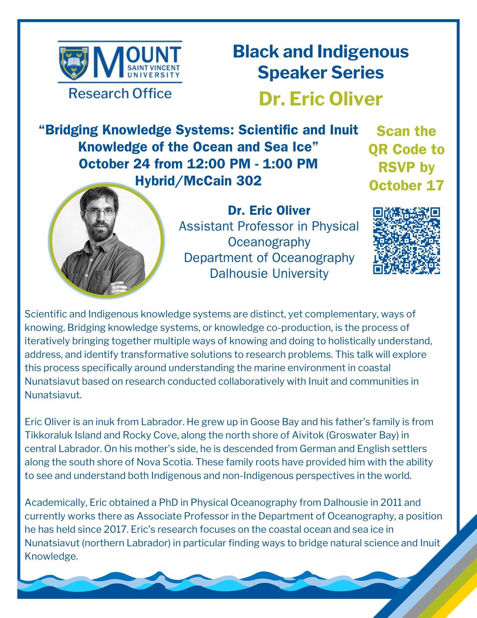 White with blue border poster of Dr. Eric Oliver with his image, a QR code, and information about the session and his bio