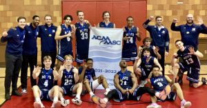 MSVU Men's basketball team with ACAA banner