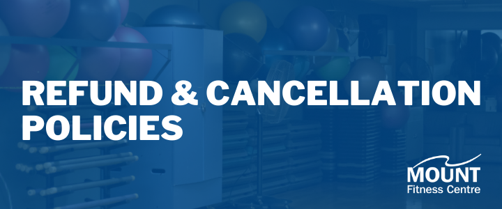 Refund and cancellation policy text with a fitness studio as a background image