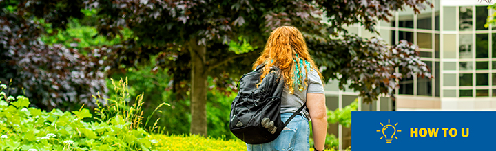 A student walking on a university campus with the How to U logo in the bottom right corner