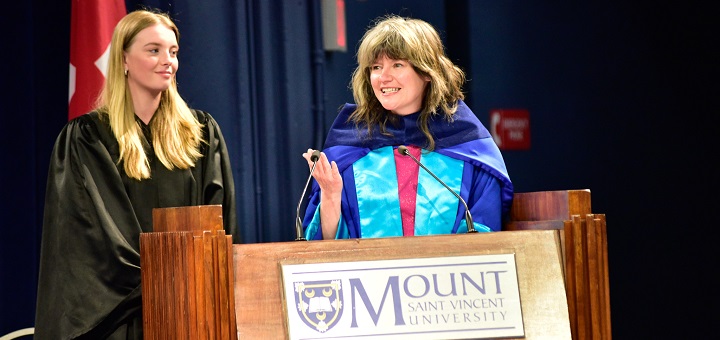 Abbie Jean McDonough, Alexa McDonough’s eldest granddaughter, and Megan Leslie, CEO of World Wildlife Fund Canada, former NDP Member of Parliament, and MSVU honorary doctorate