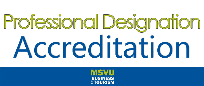 This is a button with a link to the webpage that holds the information on the accreditation panel information. The words professional designation are in green at the top and under those is the word Accreditation in blue. Under that is a blue band with the business and tourism logo in the middle. 
