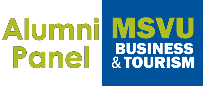 This is a button to the webpage with information on the Alumni Panel. It says Alumni Panel in the Mount green on the left and on the right is the Business and Tourism logo.