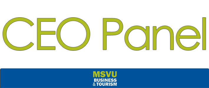 CEO panel is written in the Mount green and is on top of a Mount blue banner with the MSVU business and tourism logo at the bottom. This is a button that will take you to the page where the information is. 