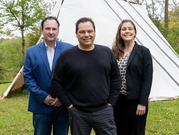 From left to right, pictured in front of the wikuom on the MSVU campus: Dr. Peter Mombourquette, Interim Chair, Business and Tourism Department at MSVU; Robert Bernard, Executive Director, Nova Scotia Indigenous Tourism Enterprise Network; Jennifer Guy, Assistant Professor in the Tourism and Hospitality Management Program at MSVU