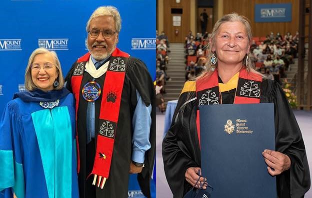 Dr. Marie Battiste, Honorary Degree recipient, with Patrick Small Legs-Nagge, Special Advisor to MSVU on Indigenous Affairs; and Florence Blackett, Indigenous Student Centre Coordinator, at Spring 2022 Convocation