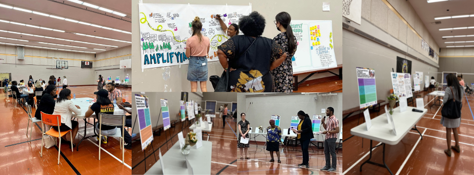 Alt= a collage of five photos. One is a gym with a line of four tables surrounded by people sitting at them. One is two people drawing on a paper that is hanging on a wall and two people observing the artists. One is a line of three tables with images standing up on them. One is of four people standing at the front of a gym and two of them are holding mics. The final image is a line of two tables with images on them and a person looking at the images on the second table.