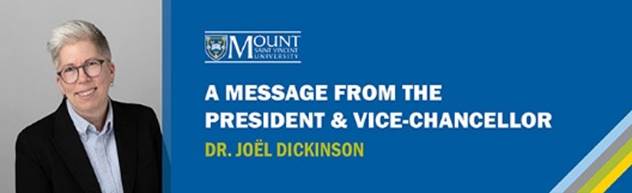 Dr. Joel Dickinson next to the words “A message from the President and Vice-Chancellor Dr. Joël Dickinson” The MSVU logo appears above the text