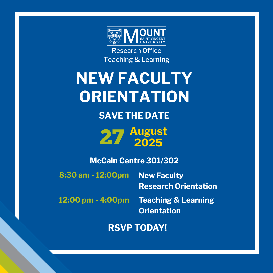 New Faculty Orientation social media ad with event date and time on dark blue background, white and green text, and a rainbow in the bottom left corner