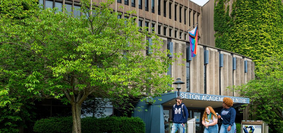 The Pride Flag located outside of the Seton Academic Centre