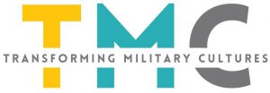 Logo #1: capital letters T, M and C side by side in colours of yellow, teal, and dark grey, respectively. “Transforming Military Cultures” is written in black font across T, M and C.