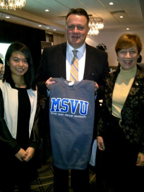 Christine Yang meeting MSVU President Ramona Lumpkin and Mayor Mike Savage in 2015