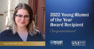 Haley Myatt, beside the text: 2022 Young Alumni of the Year Award Recipient. Congratulations!
