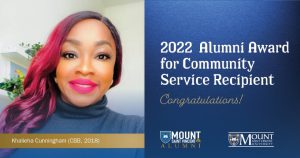Khalieha Cunningham beside the text: 2022 Alumni Award for Community Recipient. Congratulations!