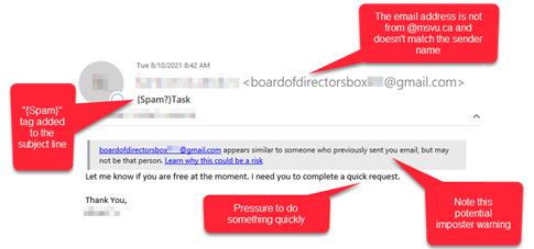 Whaling email red flags. There is a “{Spam?}” warning tag in the subject line , and the sender email address is not from @msvu.ca and doesn’t match the sender's name. There is also an alert that states: @msvu.ca appears similar to someone who previously sent you an email, but may not be that person.