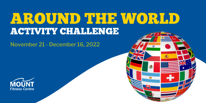 A globe with flags and text indicating an Around the World Activity Challenge