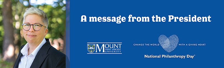 Banner graphic with image of Dr. Dickinson and a blue background with 'A message from the President' in white font. The MSVU logo and National Philanthropy Day logo appear at the bottom in white. 