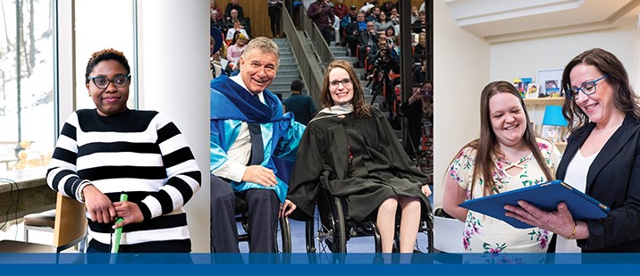 Collage of three images. Image 1 is of a person with short, curly brown hair wearing glasses and a black and white striped shirt, holding a green support cane. Image 2 is off two people, both in wheelchairs and wearing convocation attire, on the convocation stage. The first person has short gray hair, and the second person has long brown hair and is wearing glasses. Image 3 is of two people looking at a tablet. The first person has long brown hair and is wearing a cream coloured blouse with a floral pattern. The second person has long brown hair and is wearing glasses and a black blazer with a white blouse underneath. Under the collage is a blue colour block with bold, white text that reads ‘Accessibility Plan Launch Event’ with green text underneath that reads ‘Dec 2, 2022 | 3:00 – 4:30 p.m., McCain Atrium’. The MSVU logo appears above the text in white.
