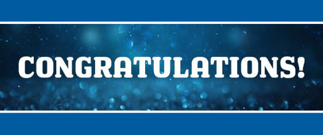 A blue and white banner with the text "Congratulations"