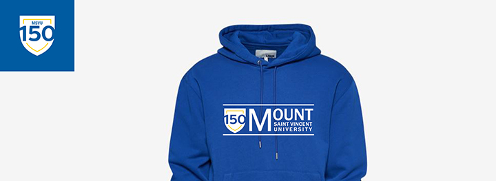 Blue hoodie with MSVU 150th Anniversary logo across the chest