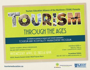 Green background with 'Tourism Through the Ages' and event details. Each letter in the word Tourism is cut out with an tourism-focused image in the background