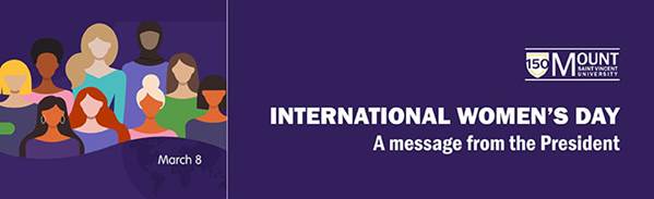 The International Women's Day 2023 Banner, with the text "International Women's Day - A message from the President" with the MSVU logo