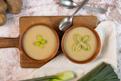 Two bowls of Potato Leek soup