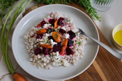 Barley and Roasted Beet Salad on a white plate