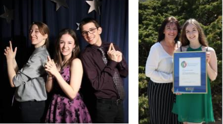 Cheyenne doing a finger guns pose with some friends at a dance in one photo, and standing with her mom holding an award in the second photo